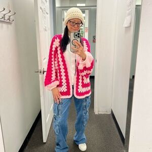 Pink and White Crochet Cardigan
